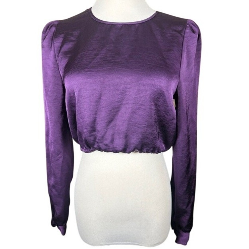 House of‎ Harlow 1960 Purple Satin Puff Sleeve Cropped Blouse Top Small